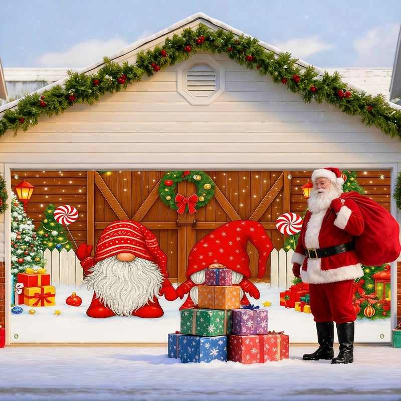 IVN Christmas Garage Door Cover Decoration 13x6ft Gnomes by Barn Doors with Tree Merry Christmas Garage Door Banner Home Door Front Yard Decor for Xmas Eve Holiday Outdoor - Image 5